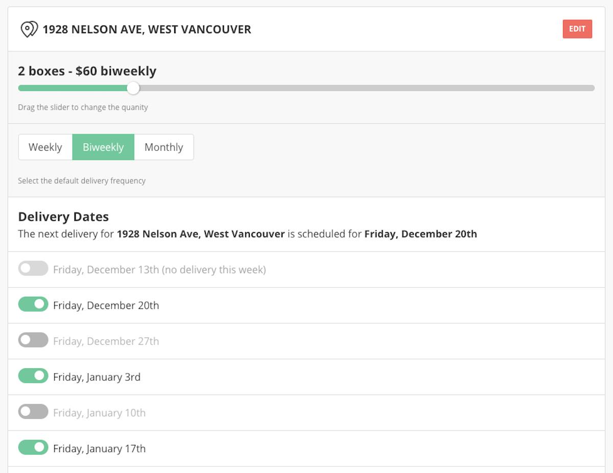 NEW FEATURE: Default Delivery Frequency (weekly, biweekly or monthly)